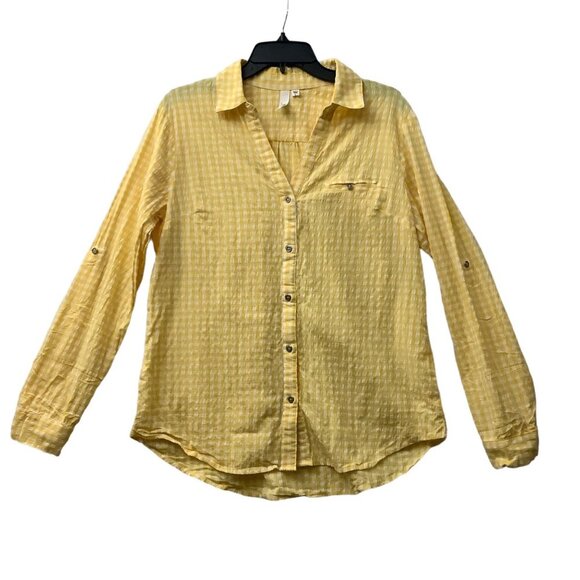 Kut from the Kloth Button Feena Top Women Large Yellow Textured Gingham V-Neck - Picture 2 of 10